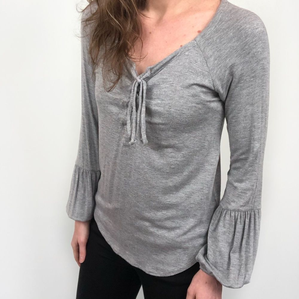 Chaser Gray Lace Up V-Neck Long Sleeve Peasant Top